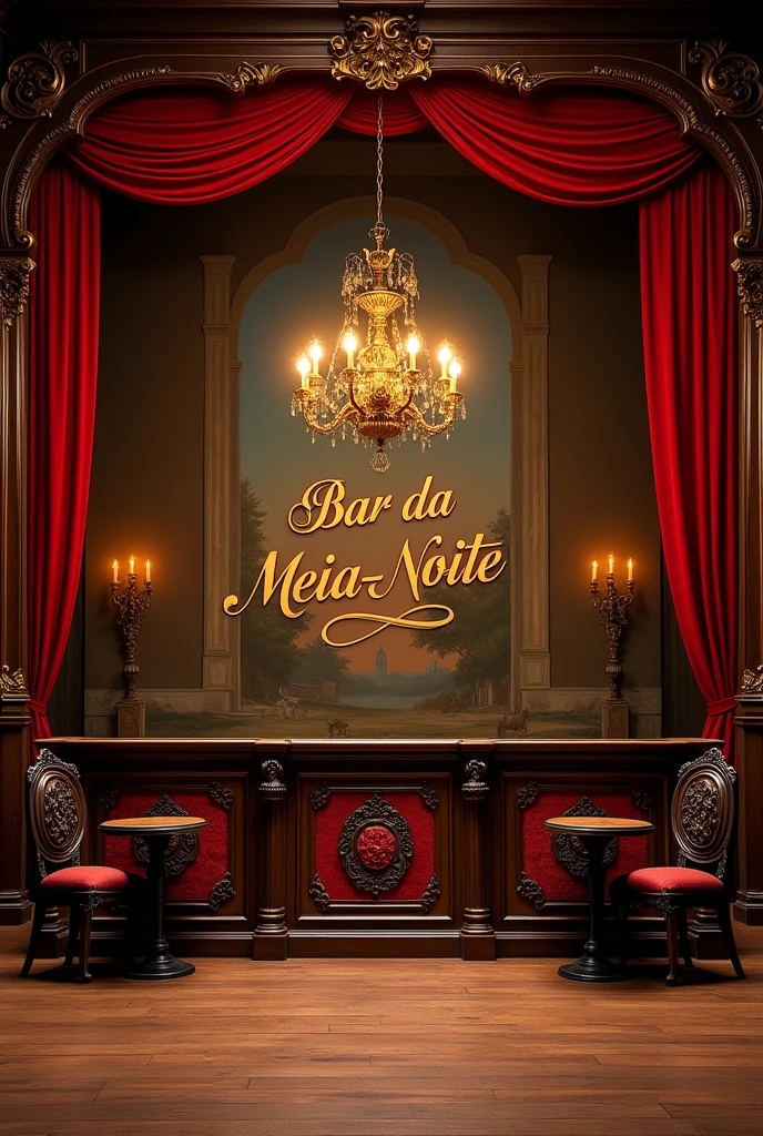 Inside the large theater stage A large 18th century rustic bar with antique red and black details, the counter located in the middle, an antique sideboard from the 18th century and the name "midnight bar" in brazilian portuguese. two tables, left and right with 3 chairs at each table. An imperial chandelier in the center.
