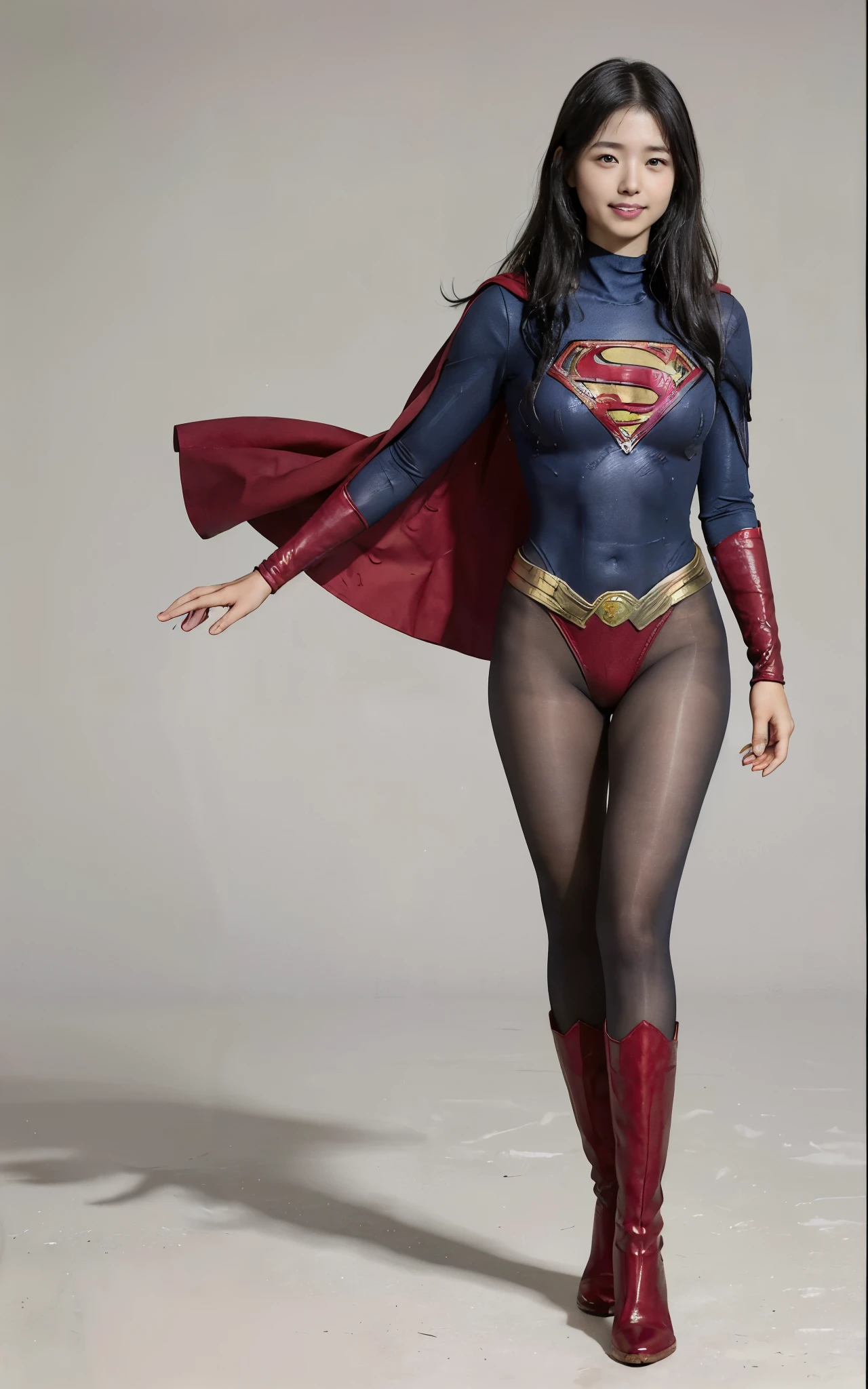 No background、(((Beautiful legs in black tights.)))、(((Legally express the beauty of your smile)))、((((Make the most of your original images)))、(((Supergirl Costume)))、(((Beautiful Hair)))、(((suffering)))、(((Please wear black tights....、Wear red boots)))、((Best image quality、8k))、((Highest quality、8k、masterpiece:1.3))、(((Preserve background )))、Sharp focus:1.2、Beautiful woman with perfect figure:1.4、Slim Abs:1.2、Wet body:1.5、Highly detailed face and skin texture、8k