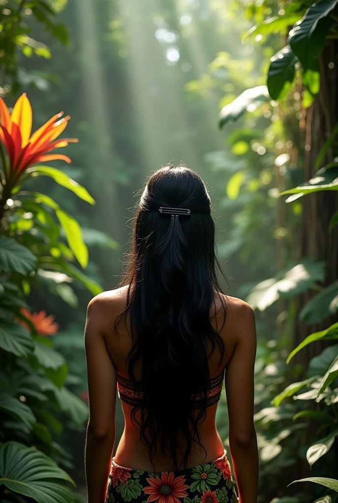 Femme Polynésienne vue de dos, no profile view, cheveux long attaché avec une barrette noire , sur fond de jungle