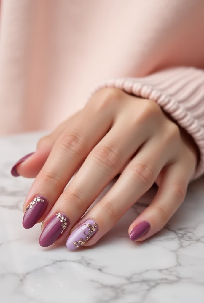 Create a simple nail design in natural nude pink with almond-shaped details in wine and lilac colors 
