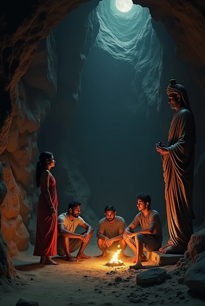 A tall girl in a cave with a wooden saint and an Indian sitting with two young men at night with a shadow