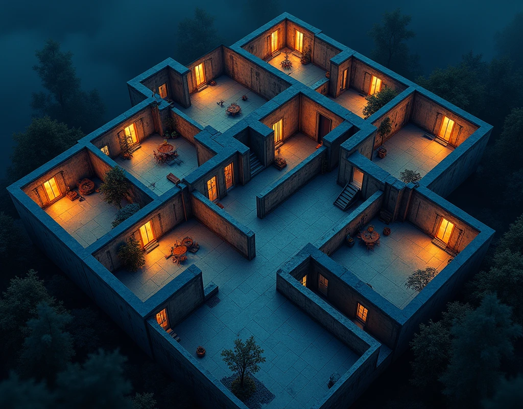 vampire the masquerade, map rpg, ((Floor plan of a building, current modern building, seen from the inside, U-shaped construction shape.)), game art, birdseye straight top-down shot from a drone, battlemap, current modern theme, seen from above, role-playing game, empty location, nighttime environment, (with realistic proportions and textures, intricate details, handdrawn, vibrant, cinematic lighting, masterpiece, 8k:1.2)