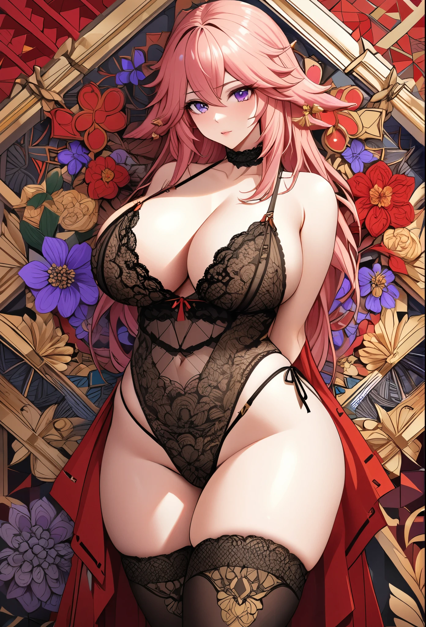 Yae Miko, pink hair, purple eyes, absurdres, highres, ultra detailed, ultra-detailed background, detailed background, extremly detailed, 1girl,bunch of flowers, (zentangle:1.2), (geometric:1.2), red and gold color palette, monochromatic red and gold, big breasts, cleavage, sideboob, lingerie, realistic depiction, standing, contrapposto, thigh highs, ((arms behind back)), (thick thighs),