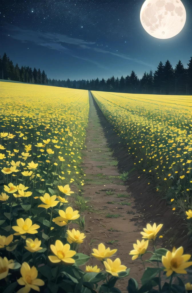 Proto-Earth \, Field, flower, flower Field, full moon, night, night null, flowerびら, null,