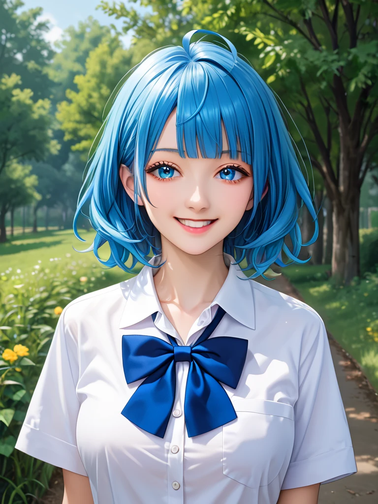 ((masterpiece)),(best quality),official art,extremely delicate and beautiful,extremely detailed CG,unity 8k wallpaper,ultra detailed,beautiful detailed eyes,extremely detailed face,outdoors,1girl,solo,upper body,(portrait:1.5),looking at viewer,facing viewer,smile,Yanami Anna,ahoge,medium hair,blue hair,sidelocks,blunt bangs,blue eyes,school uniform,collared shirt,white shirt,pocket,blue bow,yellow bow,short sleeves,medium breasts,skindentation,shirt tucked in,blue skirt,pleated skirt,black socks,loafers,