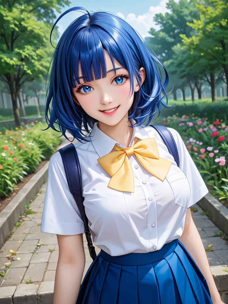 ((masterpiece)),(best quality),official art,extremely delicate and beautiful,extremely detailed CG,unity 8k wallpaper,ultra detailed,beautiful detailed eyes,extremely detailed face,outdoors,1girl,solo,upper body,(portrait:1.5),looking at viewer,facing viewer,smile,Yanami Anna,ahoge,medium hair,blue hair,sidelocks,blunt bangs,blue eyes,school uniform,collared shirt,white shirt,pocket,blue bow,yellow bow,short sleeves,medium breasts,skindentation,shirt tucked in,blue skirt,pleated skirt,black socks,loafers,