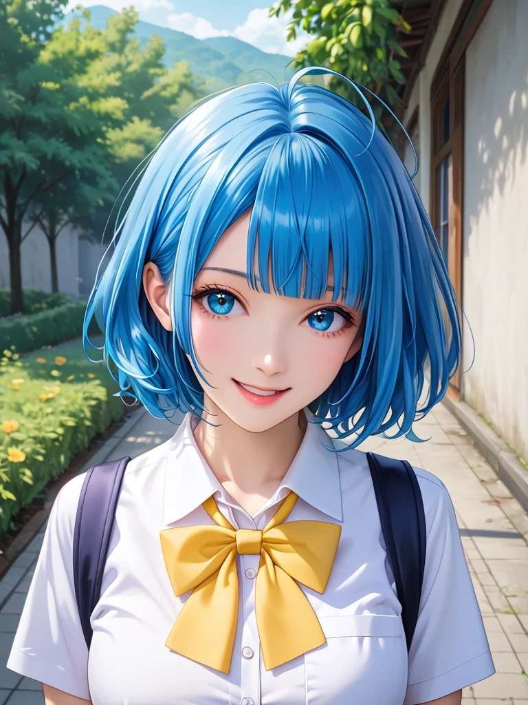 ((masterpiece)),(best quality),official art,extremely delicate and beautiful,extremely detailed CG,unity 8k wallpaper,ultra detailed,beautiful detailed eyes,extremely detailed face,outdoors,1girl,solo,upper body,(portrait:1.5),looking at viewer,facing viewer,smile,Yanami Anna,ahoge,medium hair,blue hair,sidelocks,blunt bangs,blue eyes,school uniform,collared shirt,white shirt,pocket,blue bow,yellow bow,short sleeves,medium breasts,skindentation,shirt tucked in,blue skirt,pleated skirt,black socks,loafers,