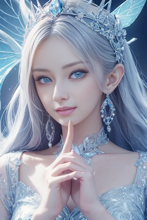 a close up of a woman with long hair and a butterfly in her hand, beautiful, detailed, beautiful girl, beautiful woman, beautiful artwork, smiling as a queen of fairies. She is the goddess of ice, create a backdrop in a very magnificent ice palace, dressed like an ice goddess who has very deadly ice magic, her eyes are very sharp But gentle, the goddess is very innocent, creates a very scary ice magic effect, very beautiful face, unmatched in the world. Complete whole body, without exception