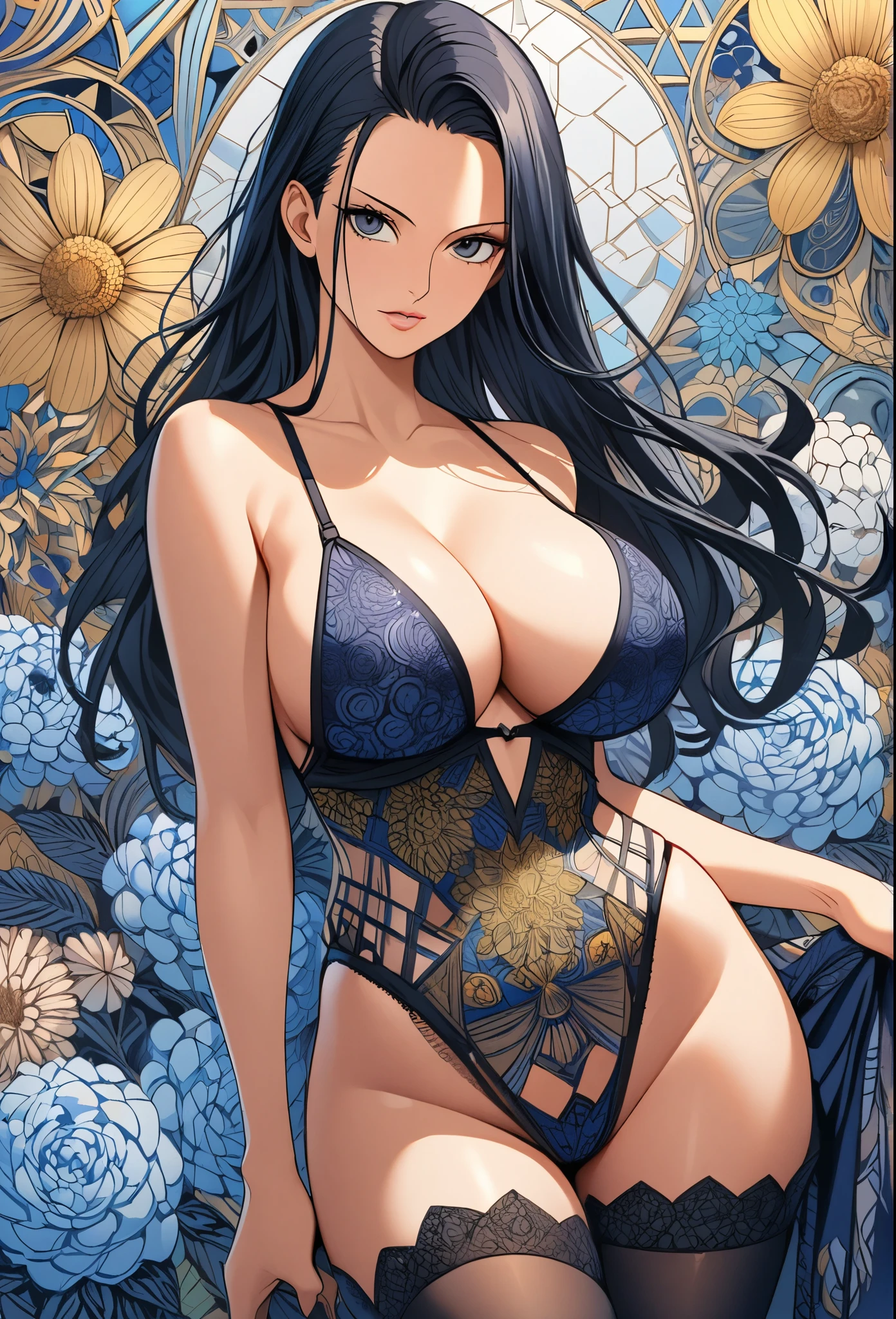 Nico Robin, One Piece, absurdres, highres, ultra detailed, ultra-detailed background, detailed background, extremly detailed, 1girl,bunch of flowers, (zentangle:1.2), (geometric:1.2),  blue and gold color palette, monochromatic gold and blue, big breasts, cleavage, sideboob, lingerie, realistic depiction, portrait, close up, straight on, standing, contrapposto, thigh highs,