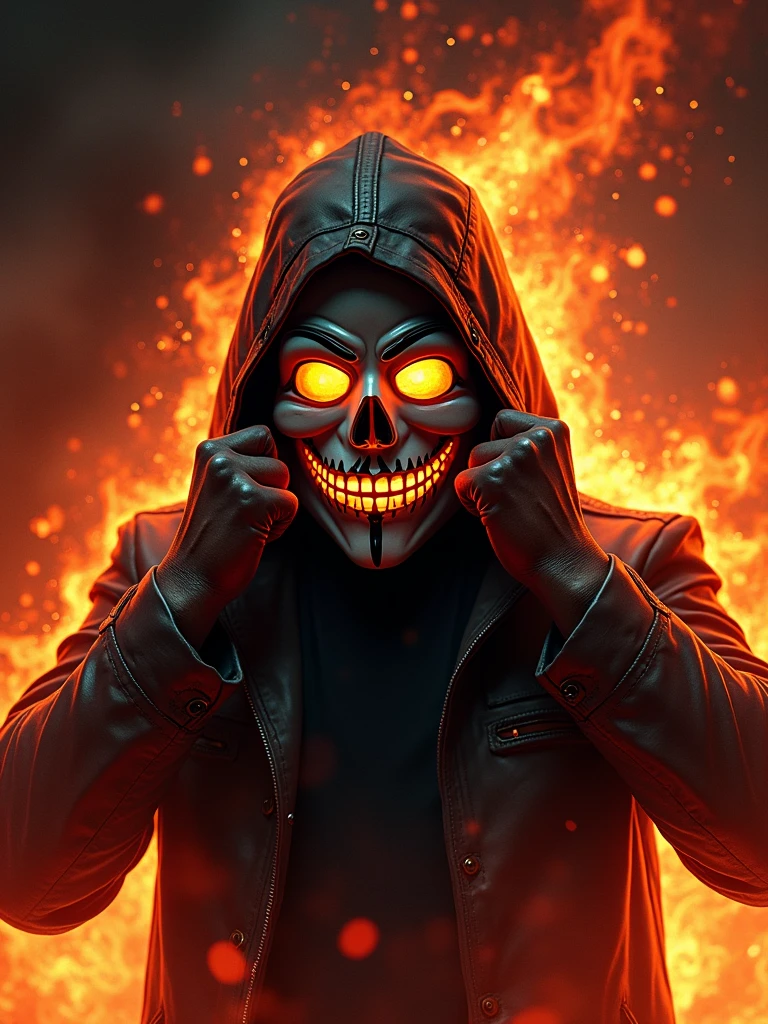 As soon as you say "AnonHunters Libertadores" with cannibal style font orange with black, flames of fire hues, on the back in high definition you can see a skull man taking off the Anonymous mask