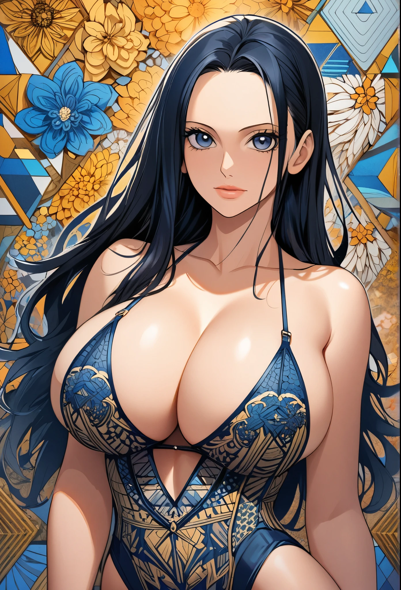 Nico Robin, One Piece, absurdres, highres, ultra detailed, ultra-detailed background, detailed background, extremly detailed, 1girl,bunch of flowers, (zentangle:1.2), (geometric:1.2), blue and gold color palette, monochromatic gold and blue, big breasts, cleavage, sideboob, lingerie, realistic depiction, portrait, close up, straight on, standing, contrapposto, thick thighs, thigh highs,