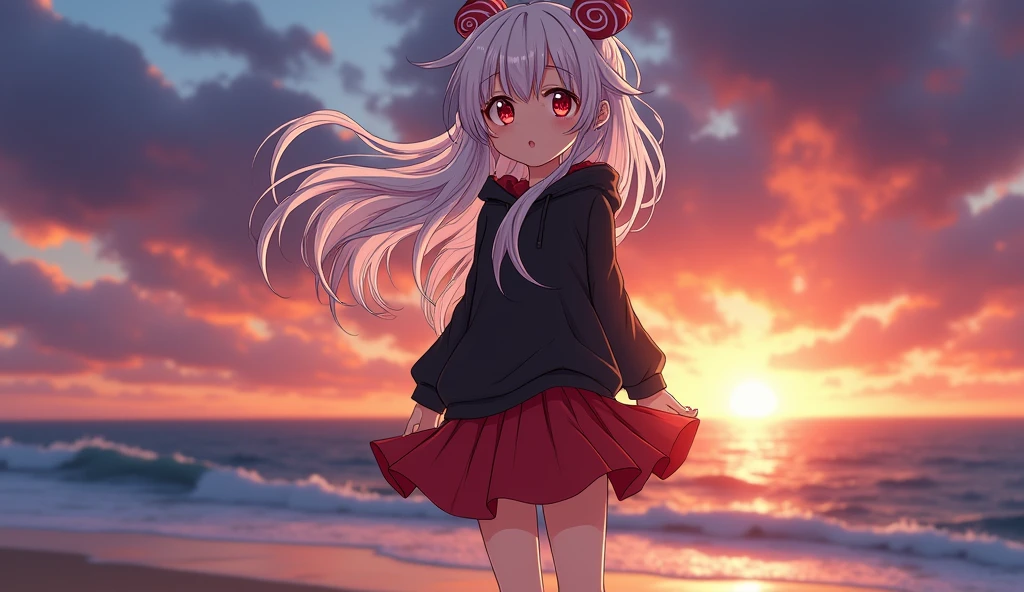 sea, beach, sunset, (lineart) anime scene, nice colors, deep colors, anime shot, nice background, detailed background, ((slightly blurred background)), masterpiece, illustration, intricate detailed eyes, 1girl, 22 years old, medium breasts, ((standing)) white hair, ((long hair)), messy hair, spiral ahoge, red eyes, black hoodie, red skirt, bovver boots