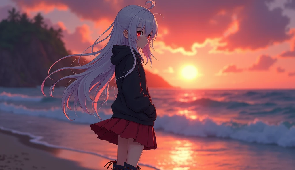 sea, beach, sunset, (lineart) anime scene, nice colors, deep colors, anime shot, nice background, detailed background, ((slightly blurred background)), masterpiece, illustration, intricate detailed eyes, 1girl, 22 years old, medium breasts, ((standing)) white hair, ((long hair)), messy hair, spiral ahoge, red eyes, black hoodie, red skirt, bovver boots