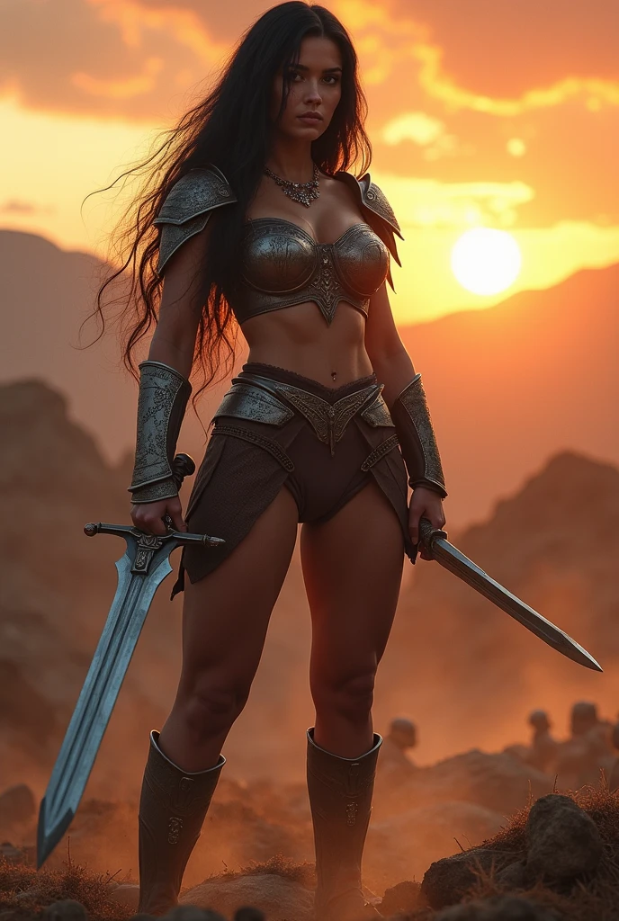 warrior woman , Bblack hair, thick-thighs, transparent panties, breasts big, sword in hand