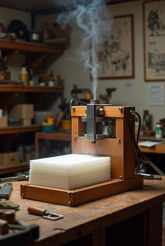 Create an image of a homemade manual thermoforming machine with wood with ABS sheet