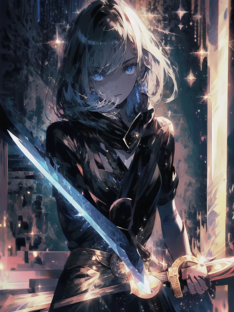 Holding a one-handed sword、Please take the black sword.、((masterpiece, highest quality, Super detailed, High resolution)), alone, beautiful girl, shining eyes, perfect eyes, , black white gold theme,