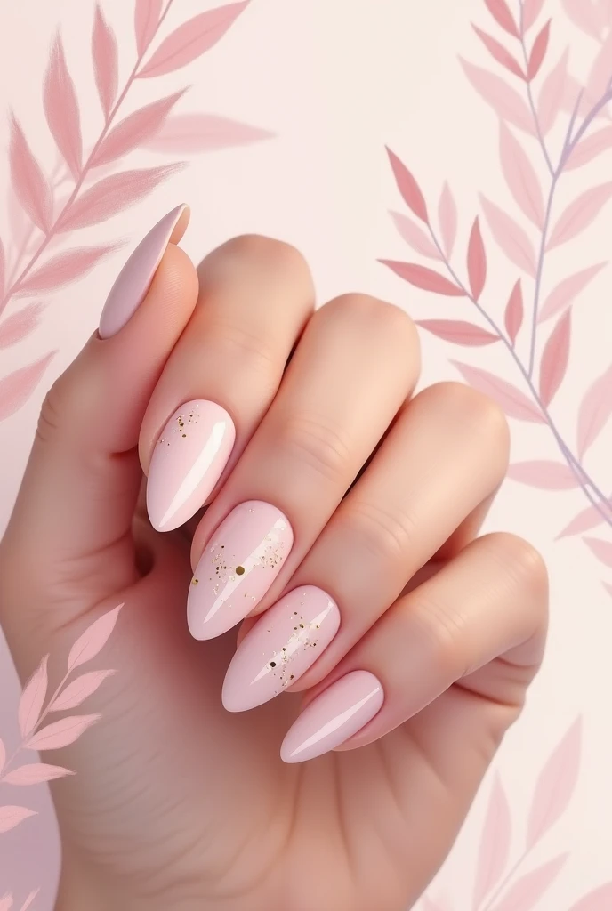Create a minimalist nail design in natural nude pink with almond-shaped details in wine and lilac colors