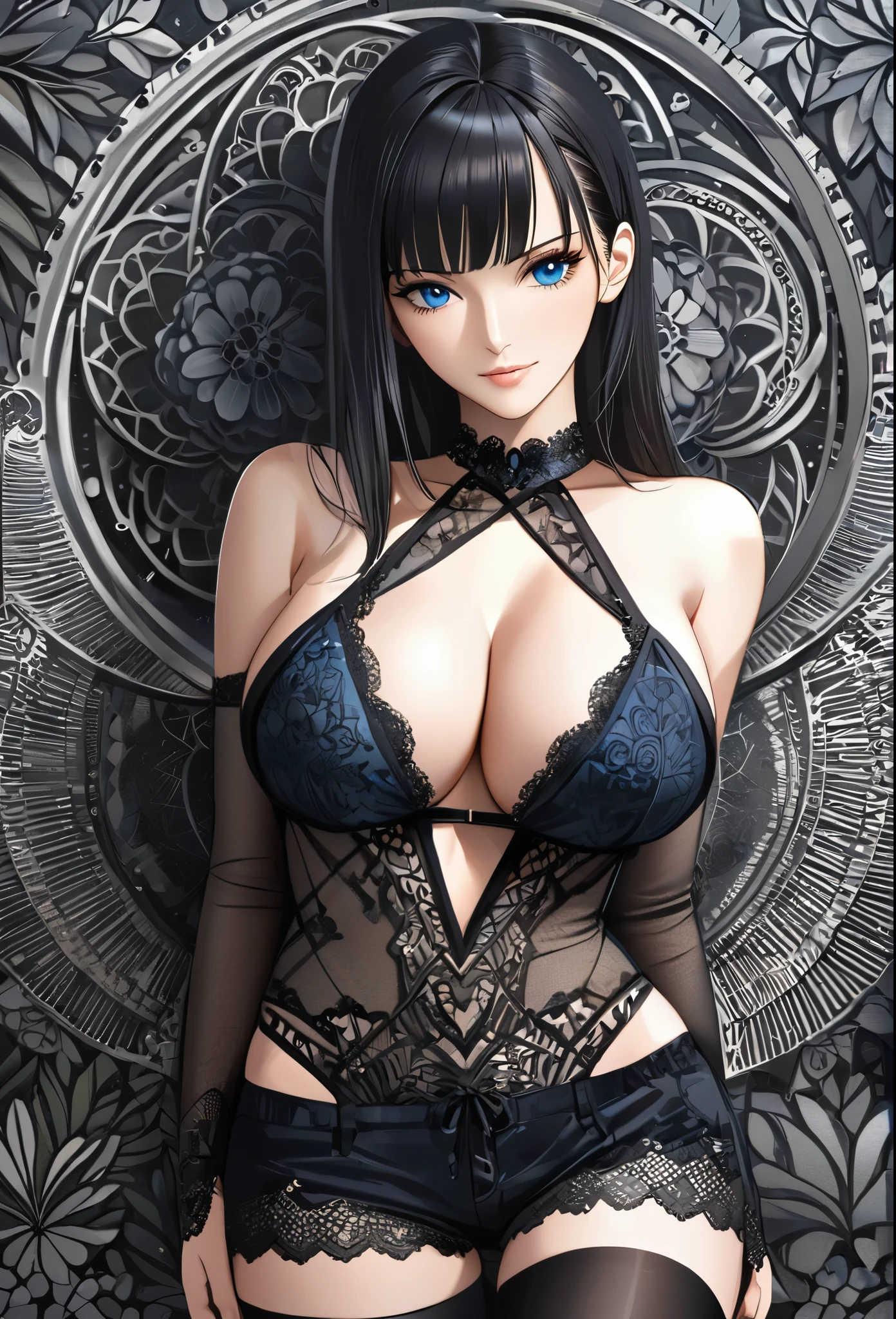 Nico Robin, black hair, blue eyes, genshin impact, absurdres, highres, ultra detailed, ultra-detailed background, detailed background, extremly detailed, 1girl,bunch of flowers, (zentangle:1.2), (geometric:1.2) black and white color palette, monochromatic, big breasts, cleavage, sideboob, lingerie, realistic depiction, thigh highs, (arms behind back), contrapposto, 