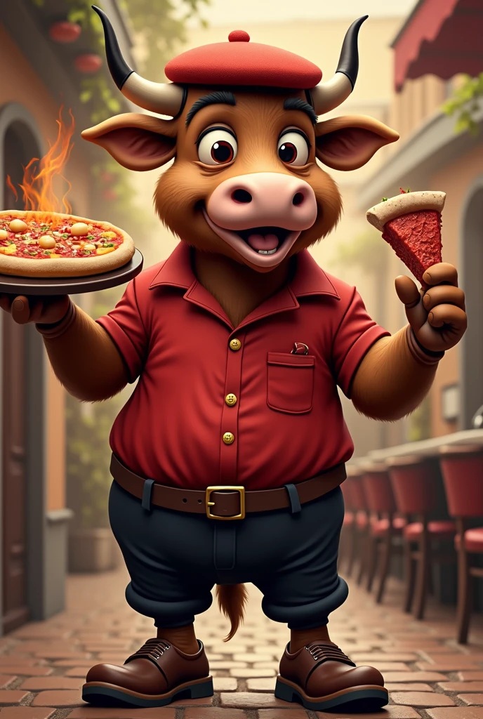 charachter: A friendly and welcoming bull, representing the visual identity of Boina Costelaria e Pizzaria. It is inspired by the existing logo, showing an ox with a red beret.

Face and Expression: The bull has a friendly and expressive face, with big eyes that convey confidence and sympathy. He's always smiling, ready to welcome customers.

red beret: The red beret, already present in the logo, is the most prominent element of the mascot. It is used in a cool way, slightly tilted to one side, giving a relaxed and approachable air to the mascot.

vestimentas: The mascot is dressed as a red short sleeve dress shirt with a pocket on the right side, your black dress pants and black dress shoes. bringing a rustic touch that matches the restaurant&#39;s barbecue theme.

Accessories: In one hand, the mascot holds a big and delicious pizza, symbolizing the specialty of the pizza buffet. In the other hand, he holds a piece of juicy meat, representing the traditional barbecue which is another strong point of the restaurant.

stance: The bull is standing, com uma postura confiante, but friendly. He may be leaning slightly forward., as if you were offering pizza or beef ribs to customers.

colors: The mascot&#39;s color palette includes shades of brown for the bull&#39;s body., white and red for the apron and beret, and green and yellow details on the food he holds, representing fresh and appetizing ingredients.

Background (for arts): A simple and clean background, with soft colors that highlight the mascot. You can include subtle elements like barbecue strips or a rustic brick pattern to reflect the restaurant&#39;s welcoming ambiance..