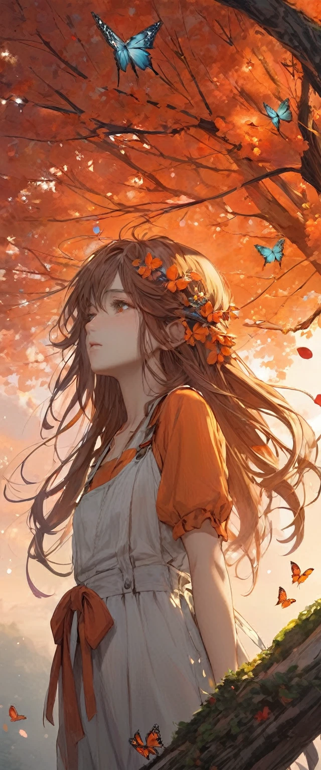 Dryad, Wood Hair, butterfly、petal、Sad look、Gazing at the sky、Overall red to orange