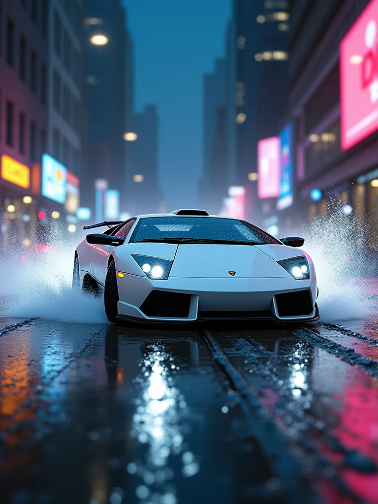 Lamborghini murcielago color white, drifting chase, action shot, high speed, night life, heavy rain, lens flare, intricate, elegant, highly detailed, realistic, concept art, matte, sharp focus, hearthstone