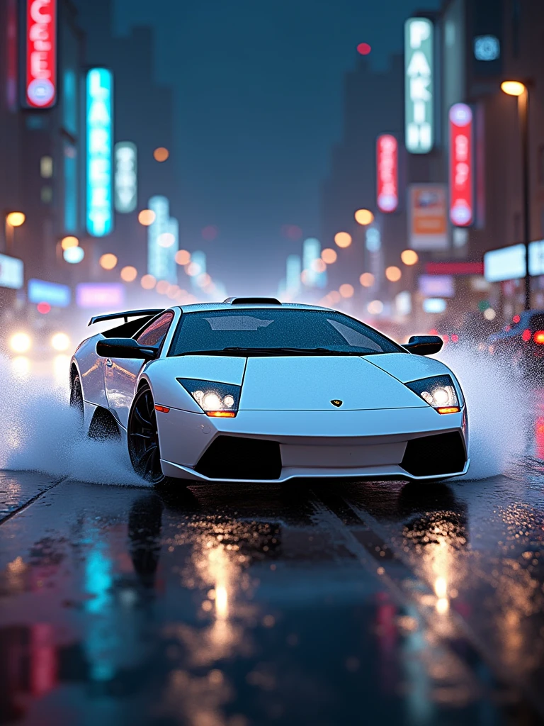 Lamborghini murcielago color white, drifting chase, action shot, high speed, night life, heavy rain, lens flare, intricate, elegant, highly detailed, realistic, concept art, matte, sharp focus, hearthstone