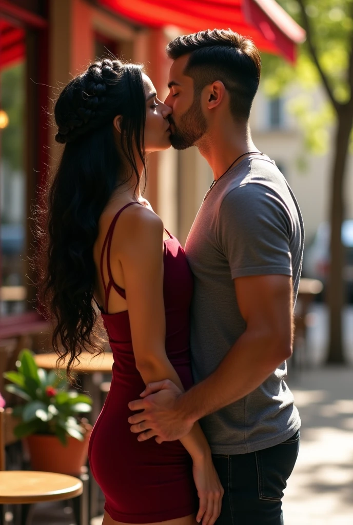 A woman black hair thats a braided wreath, a short bordeaux red dress with small carriers, outside a caffee. Realistic but not too realistic
Next to her a man with black hair kissing her. Her arms around his neck his hand on her hip
He has no beard. Her dress is narrow