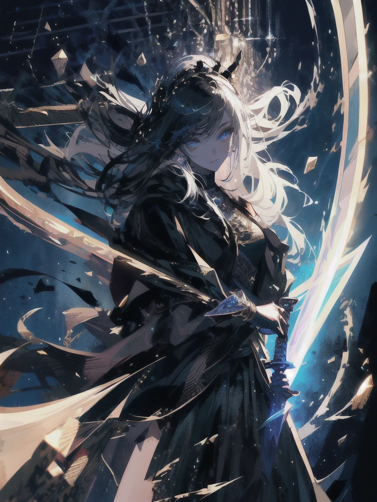 Holding a one-handed sword、Please take the black sword.、((masterpiece, highest quality, Super detailed, High resolution)), alone, beautiful girl, shining eyes, perfect eyes, , black white gold theme,