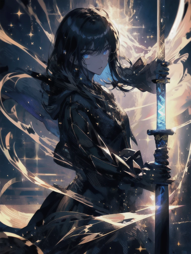 Holding a one-handed sword、Please take the black sword.、((masterpiece, highest quality, Super detailed, High resolution)), alone, beautiful girl, shining eyes, perfect eyes, 15 years old, black white gold theme,