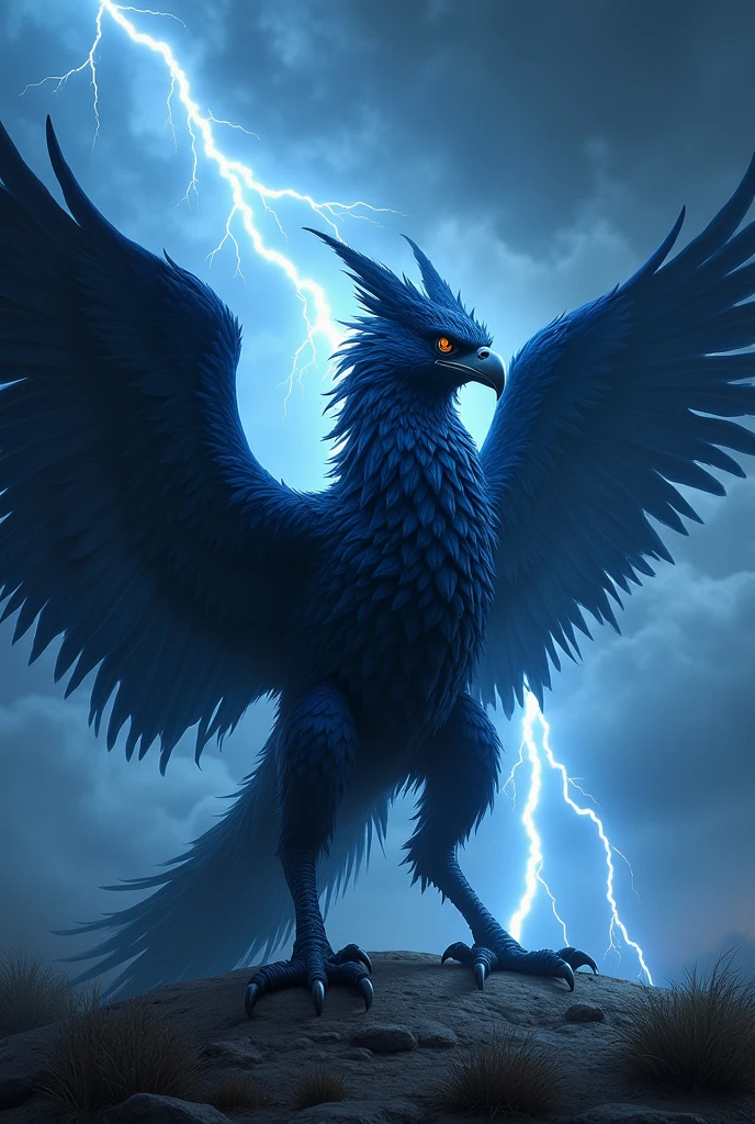 Navy blue griffin with an angry face and lightning bolts around it