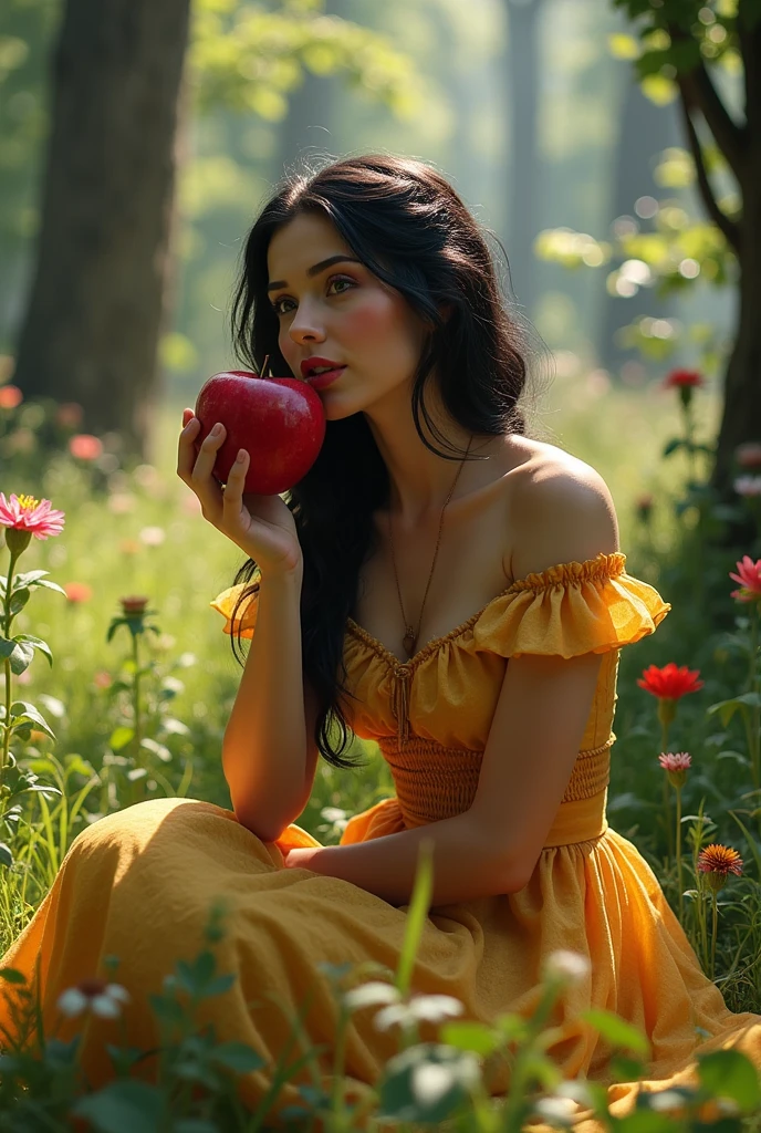 photo realist, realisic skin,snow white, ultra realisitic, eating an apple