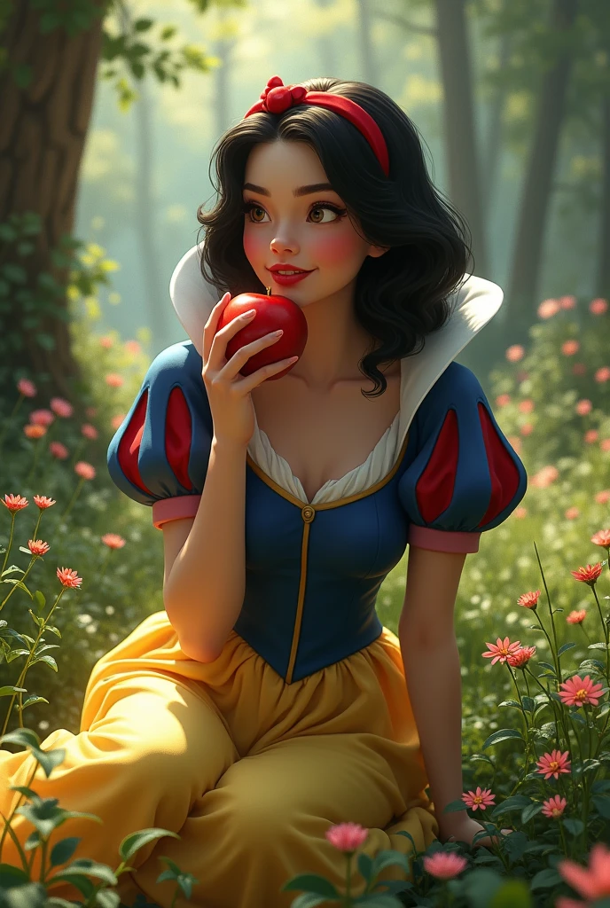 photo realist, realisic skin,snow white, ultra realisitic, eating an apple