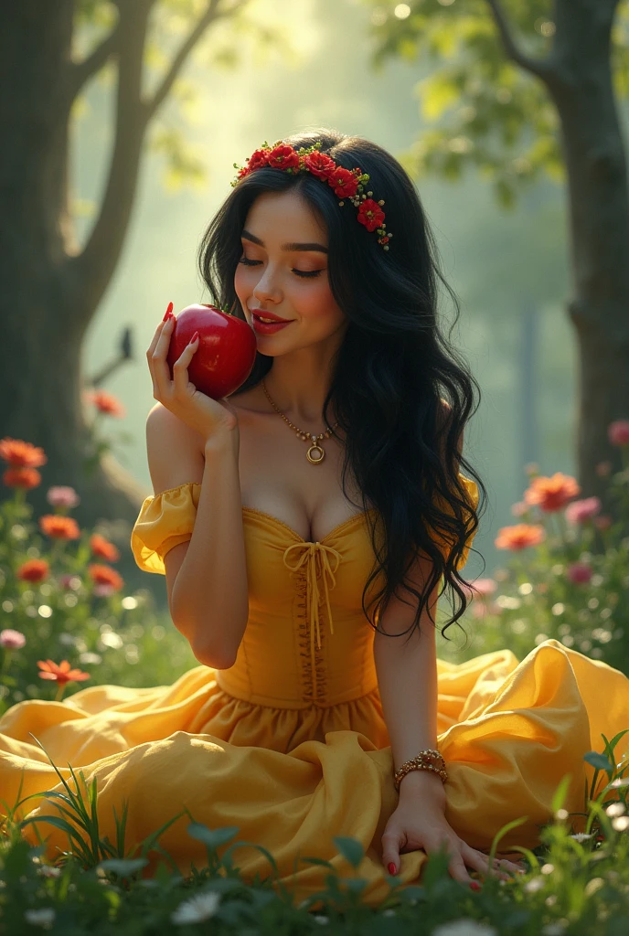 photo realist, realisic skin,snow white, ultra realisitic, eating an apple