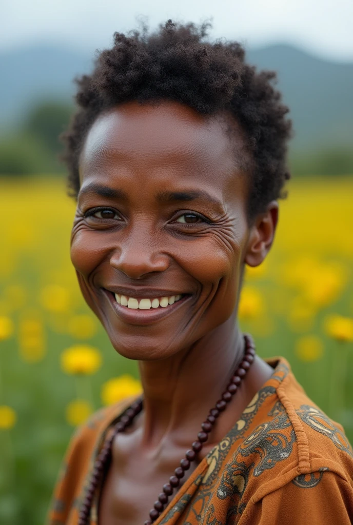 A country woman with light brown skin from Brazil who has signs of aging, dark eyes, is a fat woman and is already elderly., almost shaved afro hair, and be without accessories