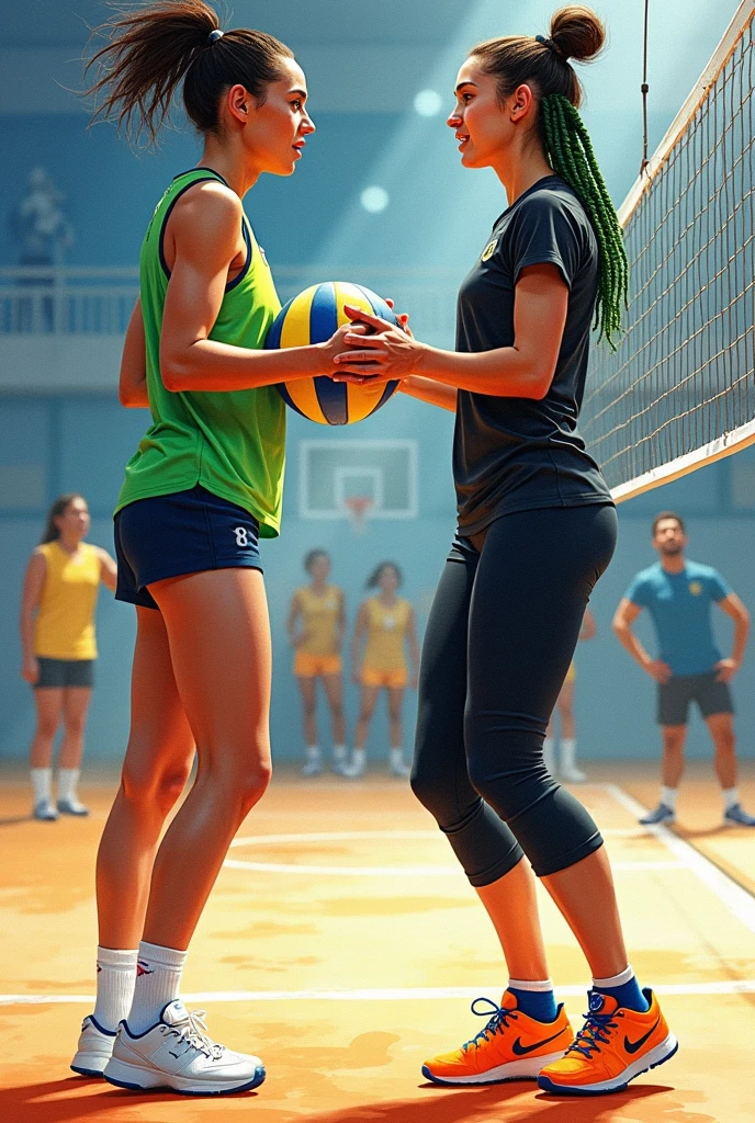 A detailed watercolour illustration of two female Brazilian volleyball players facing each other at the net. The first player has fair skin, dark brown hair tied in a bun, wearing a green tank top with blue accents, short black leggings, and white sneakers. She is holding a volleyball and gazing intently at the second player. The second player has light brown skin, green braids tied in a bun, wearing a short-sleeved black t-shirt, black leggings, and orange basketball shoes. Both players are clearly female, with athletic builds, standing on a indoor volleyball court with a net between them, in a warm, softly lit environment.