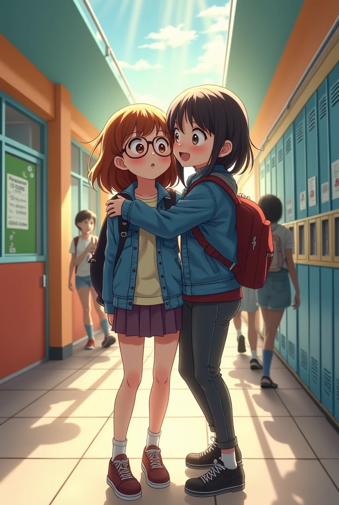 A high school girl who is embarrassed by being hugged from behind by a high school girl