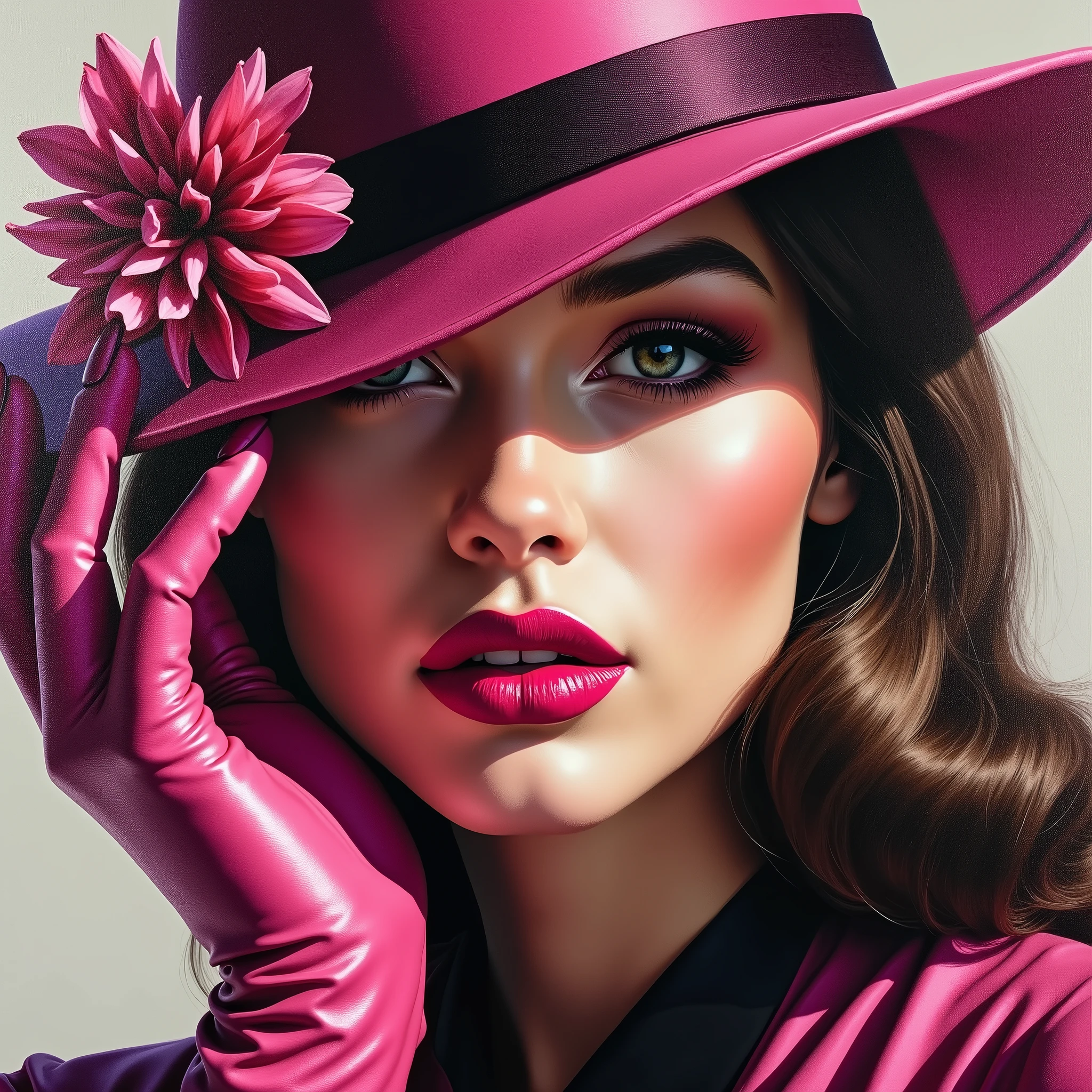 A captivating, vibrant oil painting of a woman's face with a striking emphasis on her bold, deep pink lips and nails. Her eyes are partially hidden by a stylish, pink and black striped hat adorned with a delicate flower. Her eyes peek out from the hat, exuding confidence. Pink and black leather gloves complete her bold ensemble, while her lips are framed with a precise black liner. The vivid color palette of pink, black, and white creates a striking contrast, making this painting a true work of art., painting, full body, physically-based rendering,professional,studio sunlighting,extreme detail description,nsfw,massif high saturate, insane (max best quality),(insane best details),(insane realistic),(insane masterpiece:1.2),ultra-detailed,(insane raw realistic:1.37),insane professional photorealistic,(insane photo-realistic:1.37),HDR,DSLR,studio lighting,ultra-fine real-life,sharp focus,physically-based rendering,extreme detail description,professional,vivid colors,portrait,concept art,hyperrealistic,varies,multi,etc. --v 6 --s 1000 --c 20 --q 500 --chaos 100