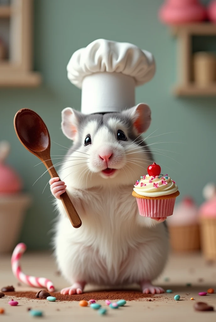 Create an image of a white and gray hamster wearing a chef's hat with a wooden spoon covered in chocolate and a cupcake in the other hand and blinking its left eye.