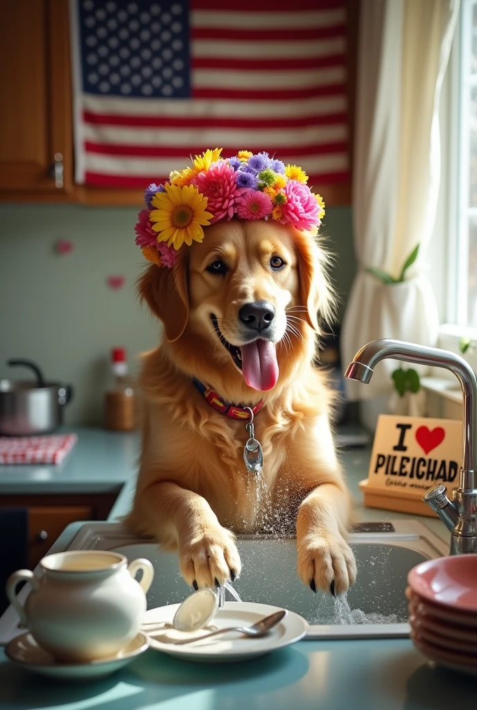 Make a dog washing dishes and have flowers on her head, In the background the US flag, plus a sign that says I love my Police man