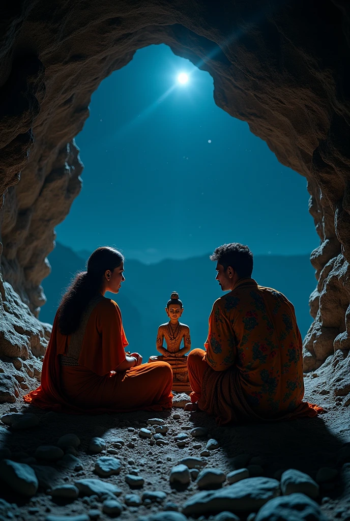Three people sitting in a cave with a wooden saint and an Indian at night with a shadow