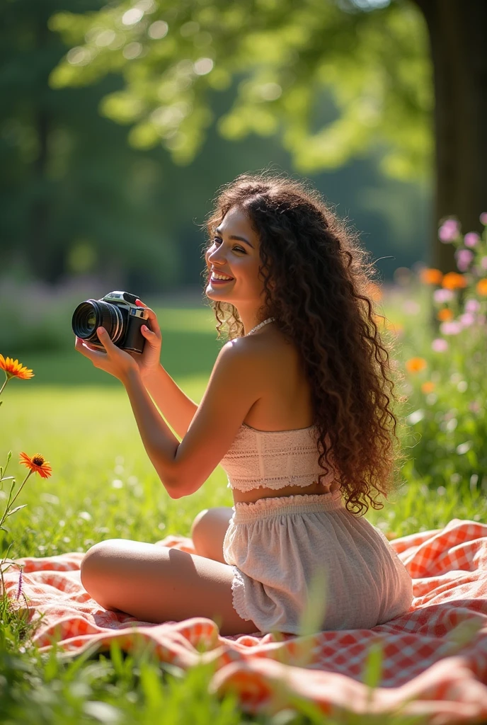 A brunette girl with curly hair and big breasts sits with her legs stretched out, taking a realistic photo