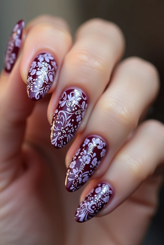 Create a Talavera style nail design in wine and lilac colors in an almond shape