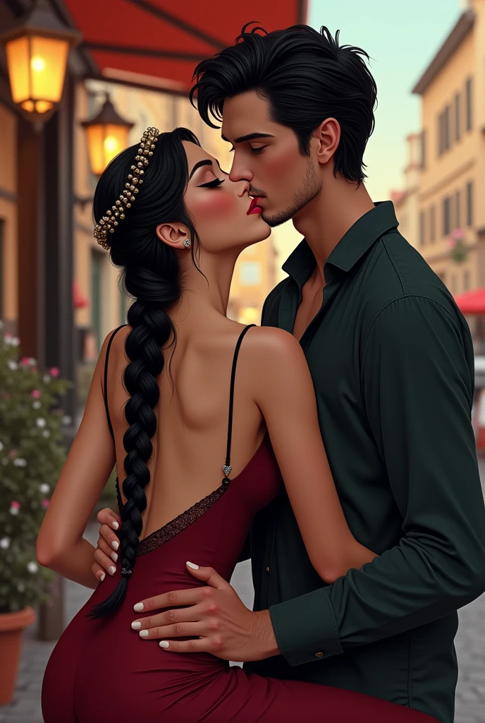A woman black hair thats a braided wreath, a short bordeaux red dress with small carriers, outside a caffee. Realistic but not too realistic
Next to her a man with black hair kissing her. Her arms around his neck his hand on her hip
He has no beard. Her dress is narrow
