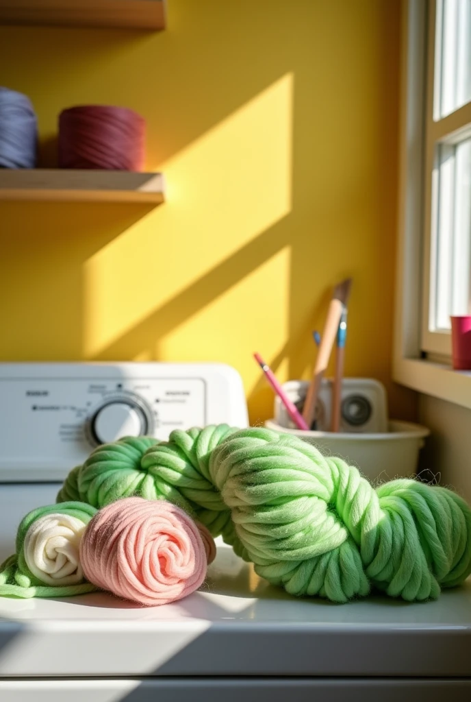 Image of green yarn, rosa, white, Homemade yellow paint in a laundry room and it looks like I painted it