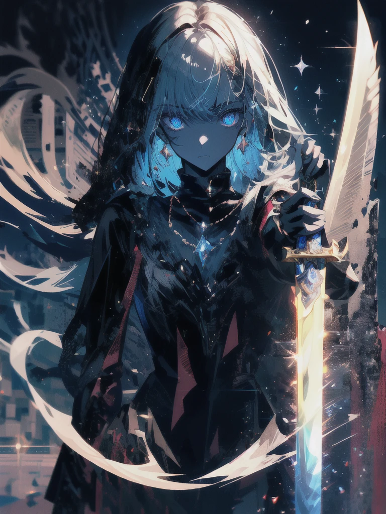Holding a one-handed sword、Please take the black sword.、((masterpiece, highest quality, Super detailed, High resolution)), alone, beautiful girl, shining eyes, perfect eyes, 15 years old, black white gold theme,