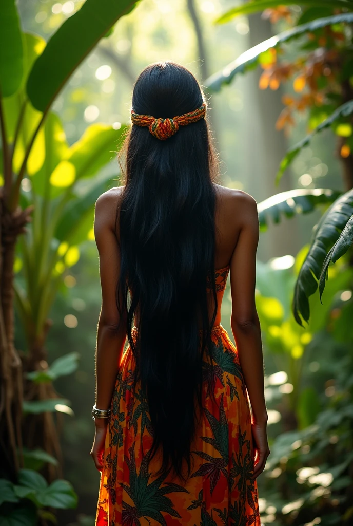 Femme Polynésienne vue de dos, no profile view, cheveux long attaché avec un bandeau noués la tête , sur fond de jungle