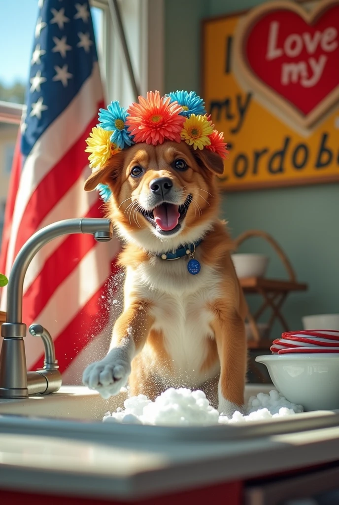 Make a dog washing dishes and have flowers on her head, In the background the US flag, In addition to a sign that says I love my Cordoba