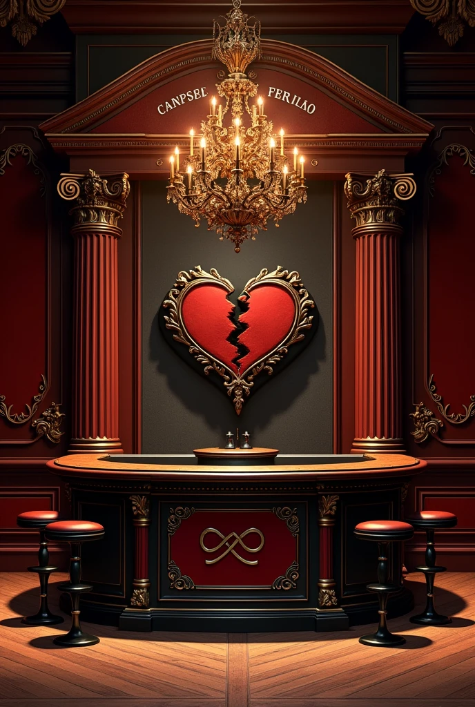 Inside the large theater stage A large 18th century rustic bar with antique red and black details. The logo is a heart broken in half with infinity drawn on it., the counter located in the middle, an antique sideboard from the 18th century and the name "midnight bar" in brazilian portuguese. two tables, left and right. An imperial chandelier in the center.