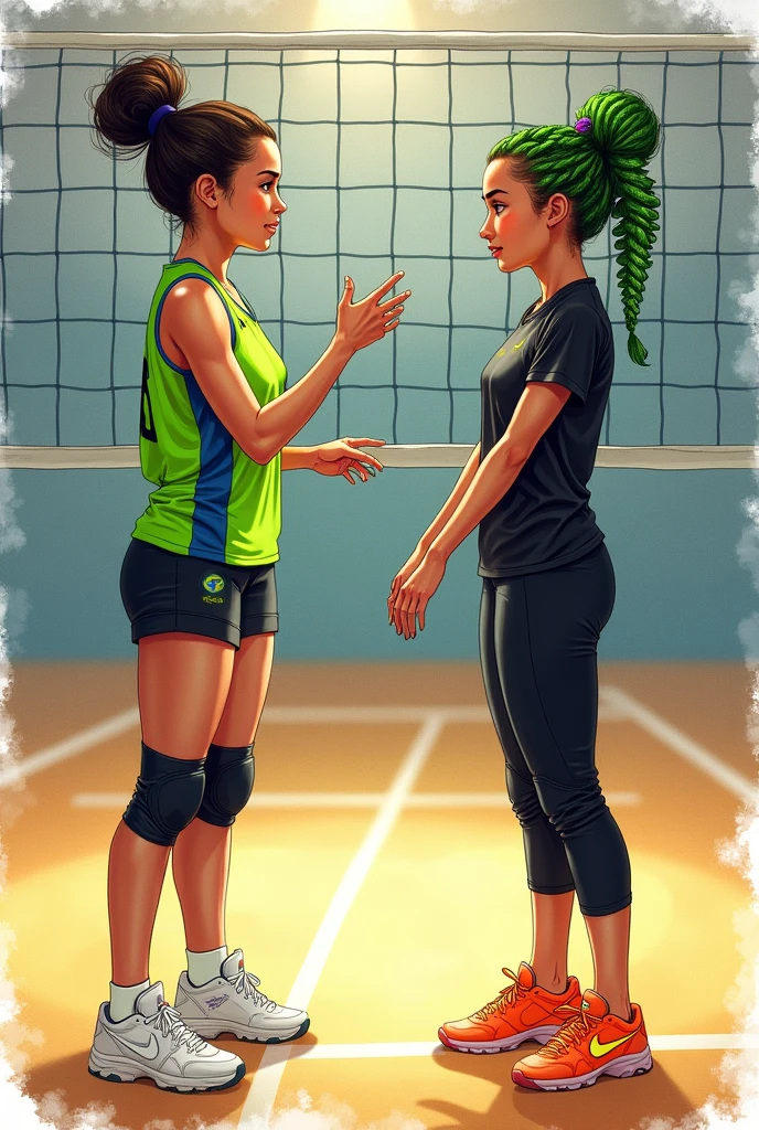 A detailed watercolour illustration of two female Brazilian volleyball players facing each other at the net. The first player has fair skin, dark brown hair tied in a bun, wearing a green tank top with blue accents, short black leggings, and white sneakers. She is holding a volleyball and gazing intently at the second player. The second player has light brown skin, green braids tied in a bun, wearing a short-sleeved black t-shirt, black leggings, and orange basketball shoes. Both players are clearly female, with athletic builds, standing on a indoor volleyball court with a net between them, in a warm, softly lit environment.