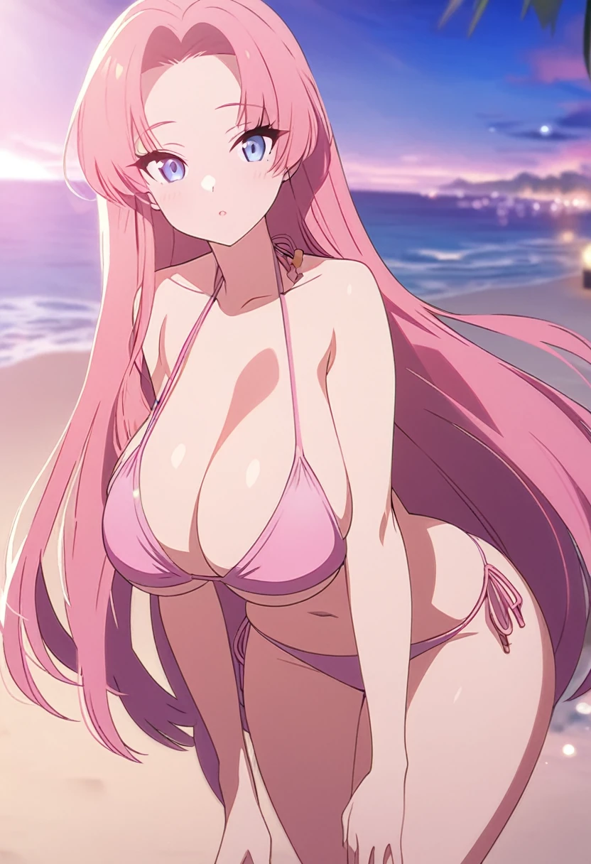 Anime girl with beautiful curves on her body, she is wearing a pink bikini on the beach